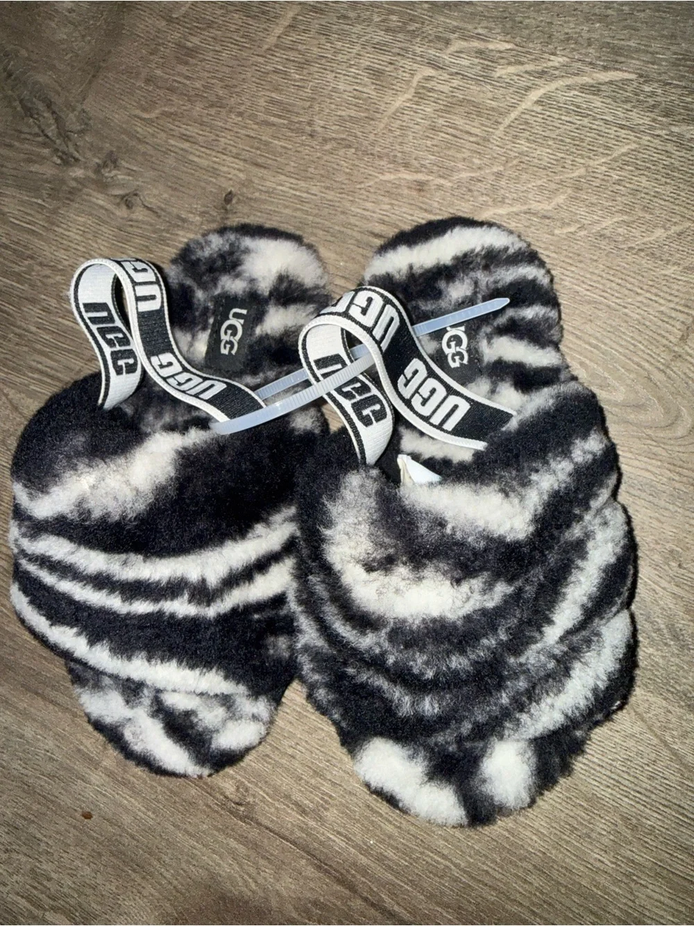 UGG Black & White Faux Fur Zebra Slides with Branded Strap